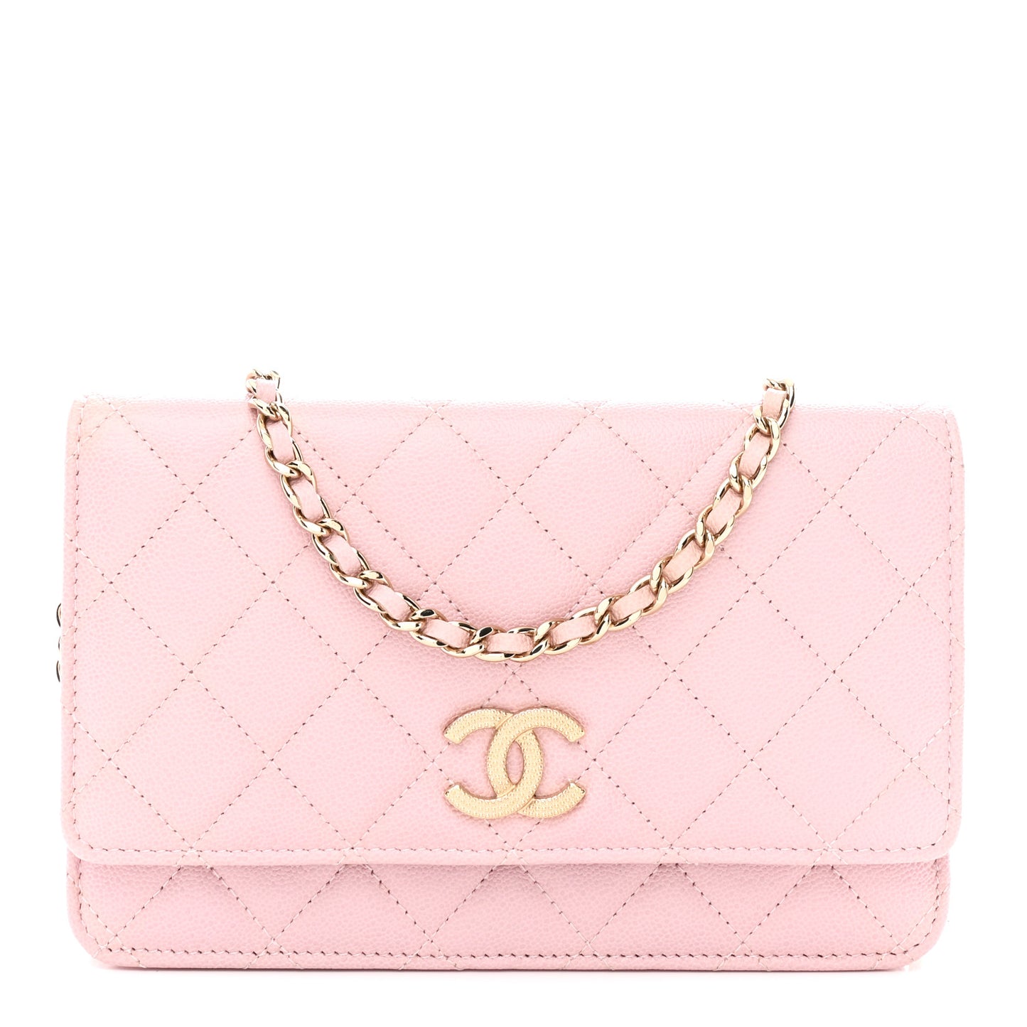 Caviar Quilted Studded CC Wallet on Chain WOC Light Pink