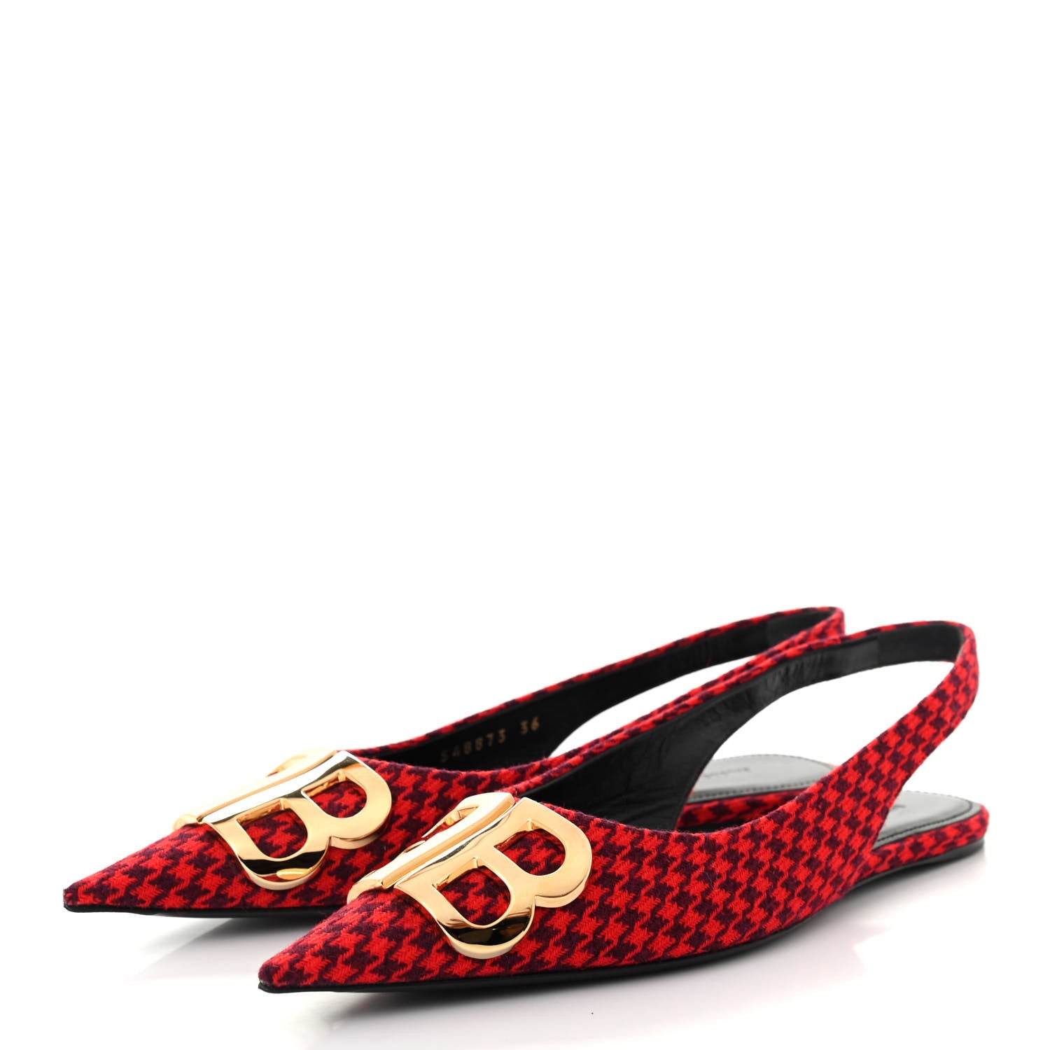 Balenciaga Tweed Prince Of Wales BB Knife Pointy Toe Slingback Flats 36 Red Black 3 of 8