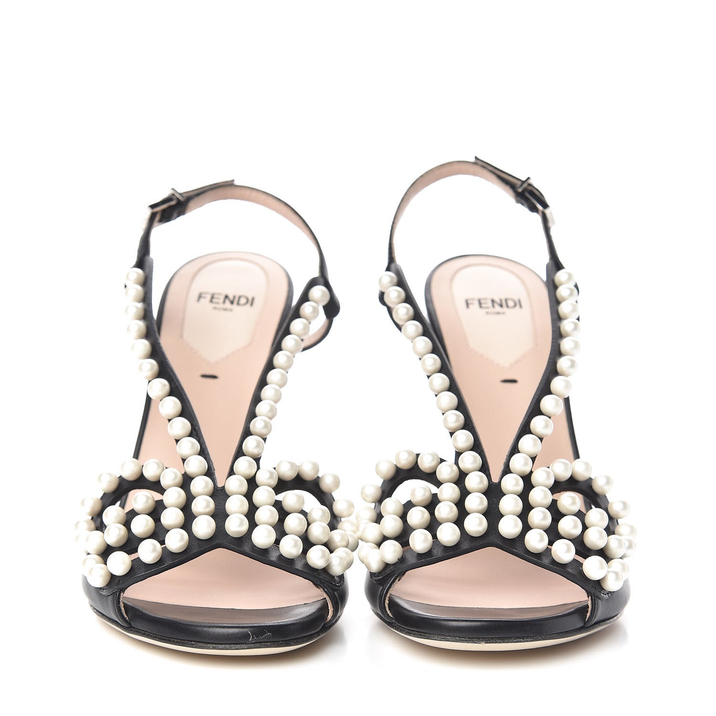 Calfskin Faux Pearl Embellished Bow Ankle Strap Heel 36 Black