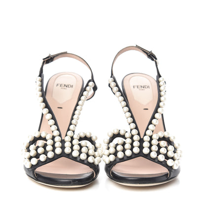 Fendi Calfskin Faux Pearl Embellished Bow Ankle Strap Heel 36 Black 3 of 9