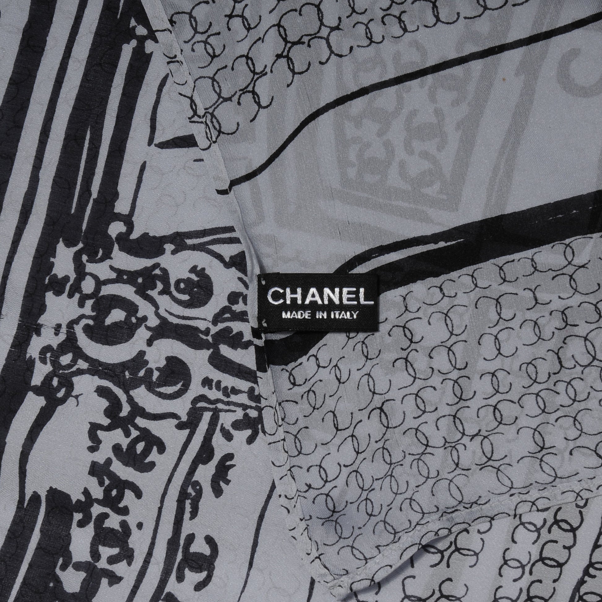 Chanel Silk Scarf CC Logo Grey Black 4 of 5