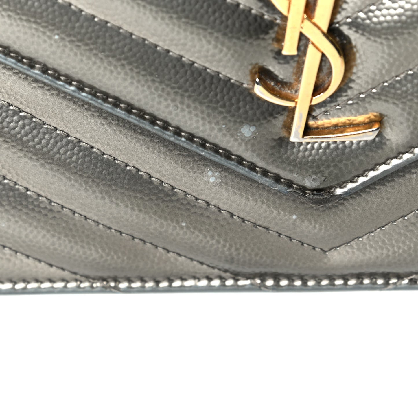 Metallic Grain De Poudre Matelasse Chevron Monogram Envelope Chain Wallet Piombo Black