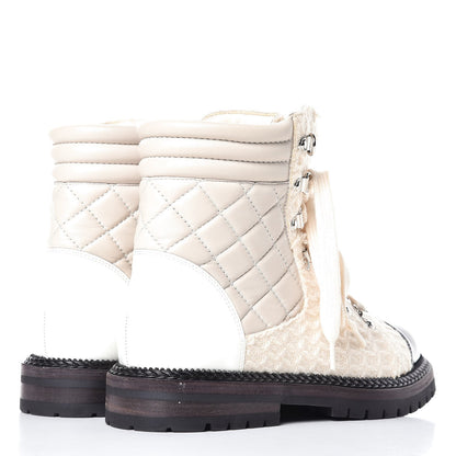 Chanel Tweed Patent Lambskin Quilted Lace Up Boots 38.5 Ivory Black 4 of 22