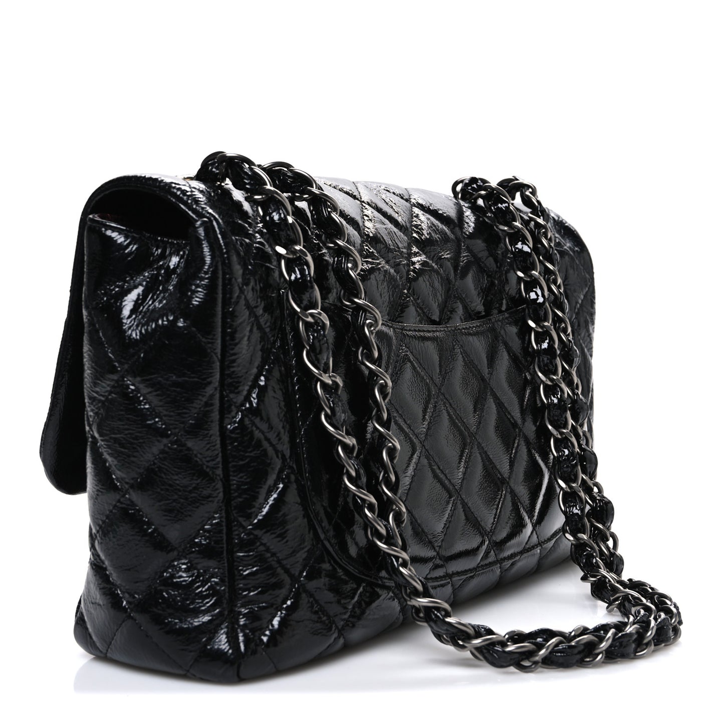 Crinkled Patent Quilted Jumbo Single Flap Black