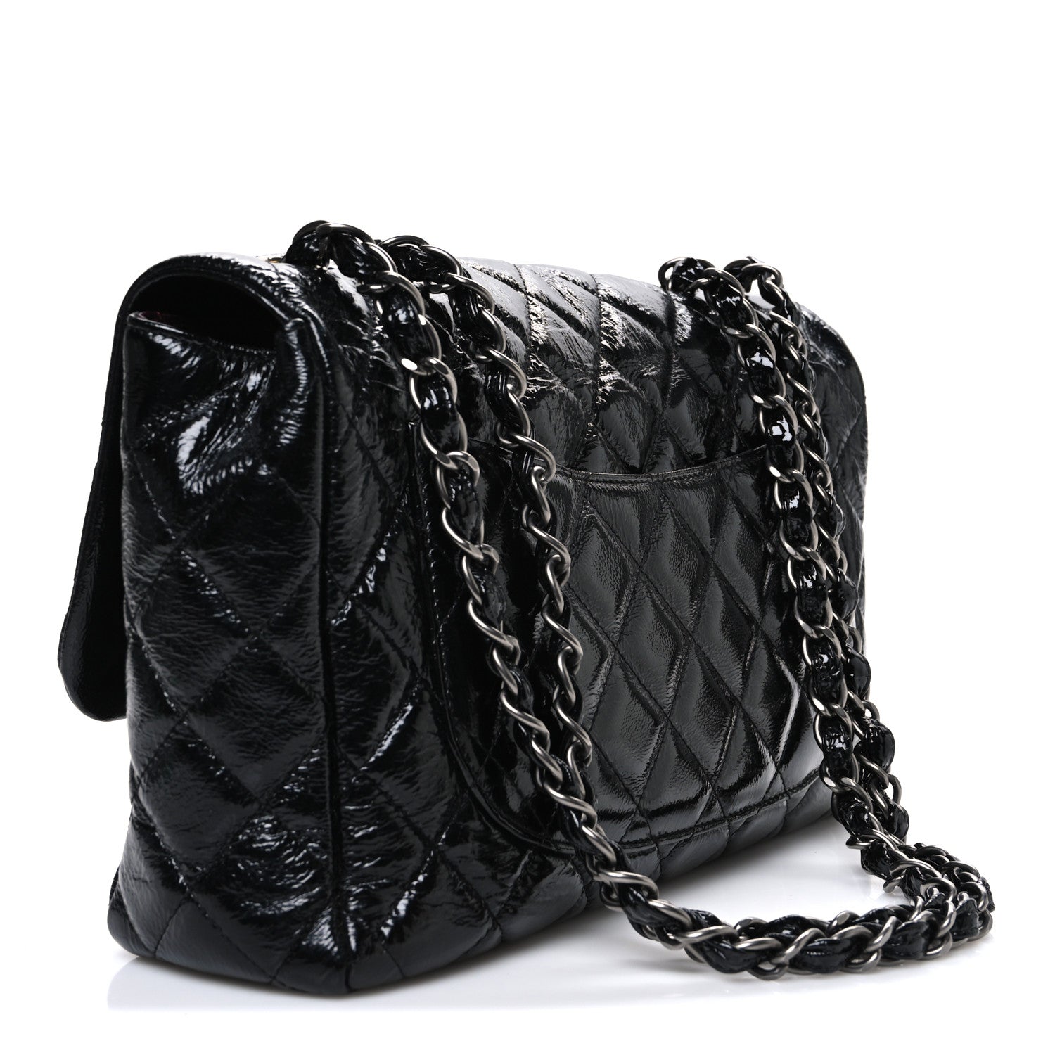 Chanel Crinkled Patent Quilted Jumbo Single Flap Black 2 of 9