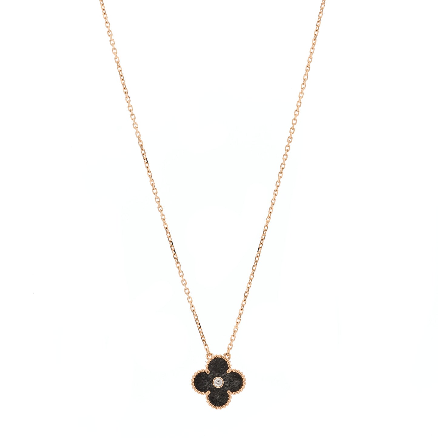 18K Rose Gold Diamond Silver Obsidian Vintage Alhambra Pendant Necklace
