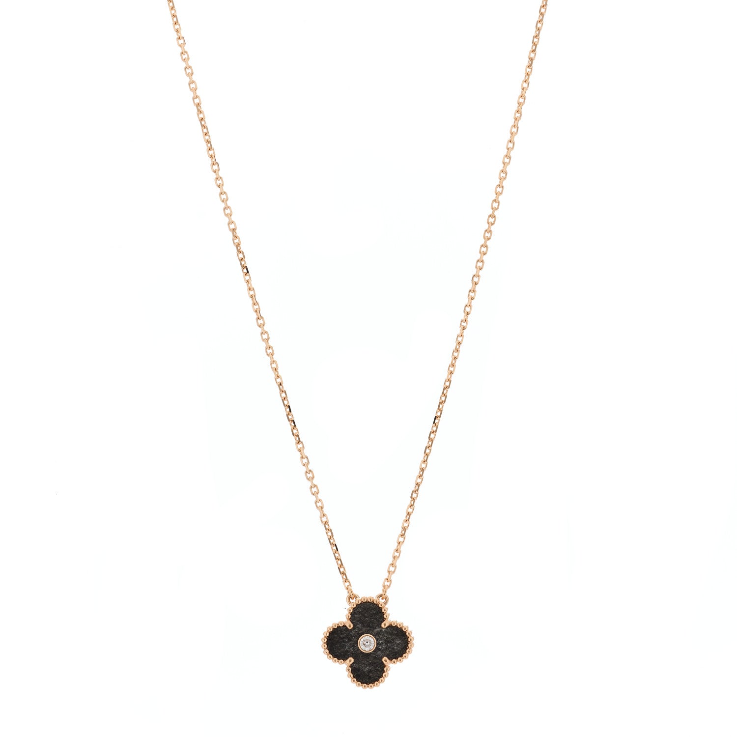 Van Cleef & Arpels 18K Rose Gold Diamond Silver Obsidian Vintage Alhambra Pendant Necklace 1 of 5