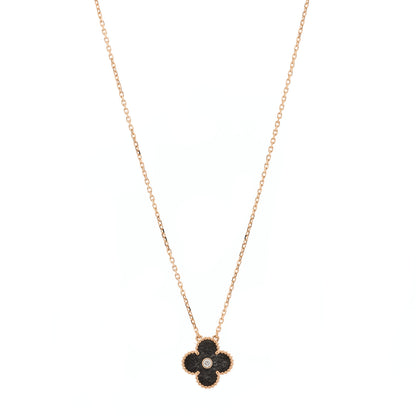 Van Cleef & Arpels 18K Rose Gold Diamond Silver Obsidian Vintage Alhambra Pendant Necklace 1 of 5