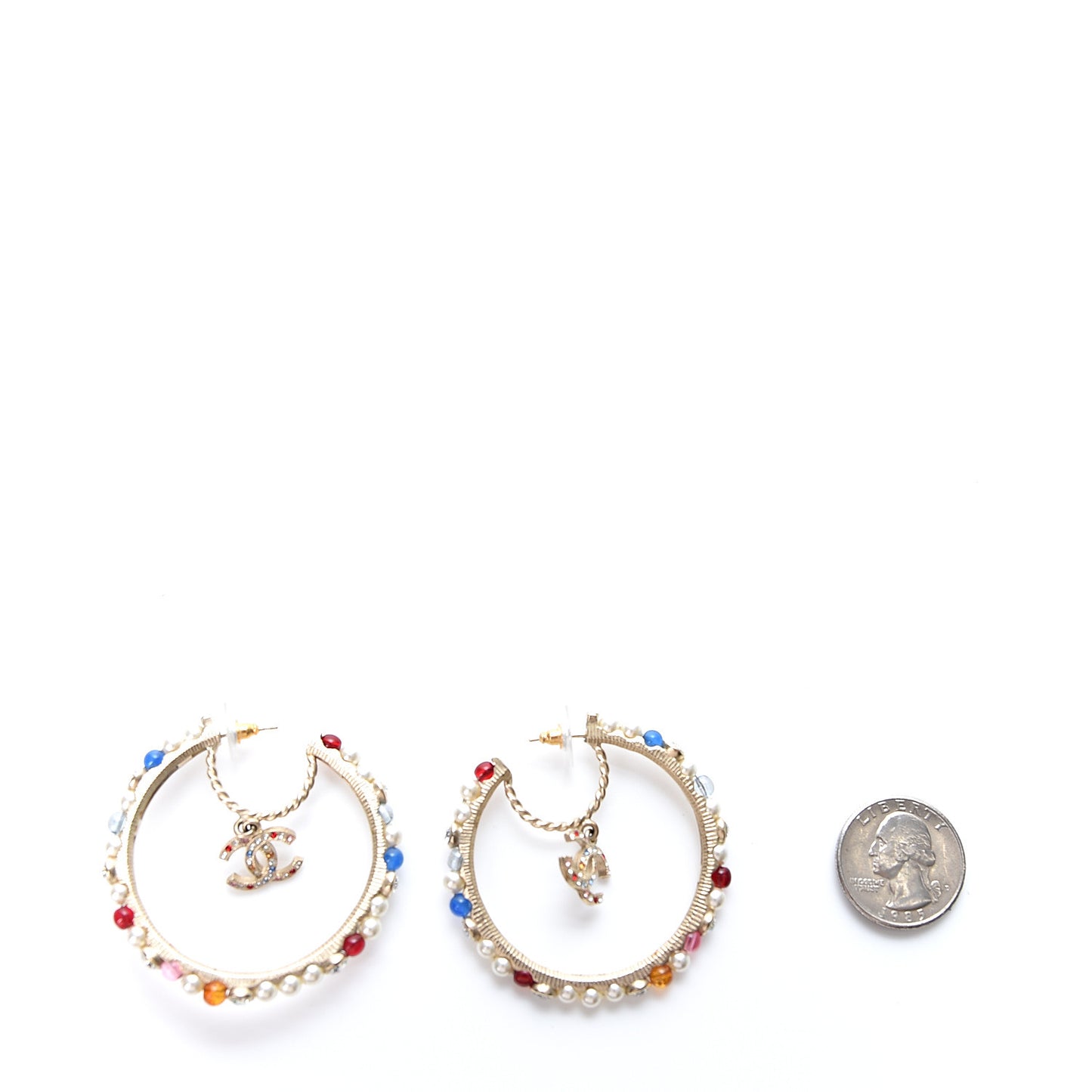 Crystal Pearl Bead CC Drop Hoop Earrings Gold Multicolor
