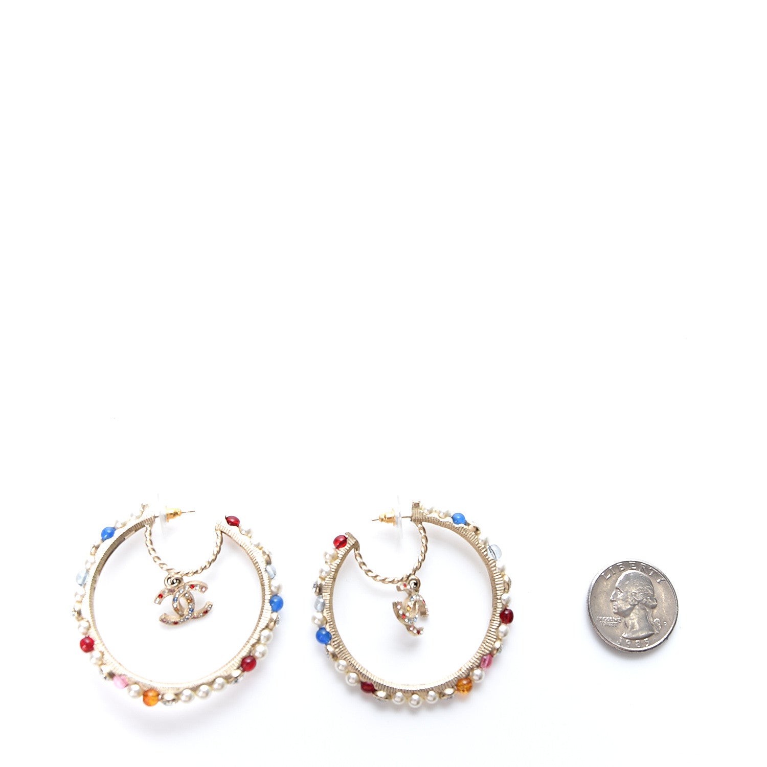 Chanel Crystal Pearl Bead CC Drop Hoop Earrings Gold Multicolor 2 of 4