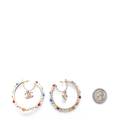 Chanel Crystal Pearl Bead CC Drop Hoop Earrings Gold Multicolor 2 of 4