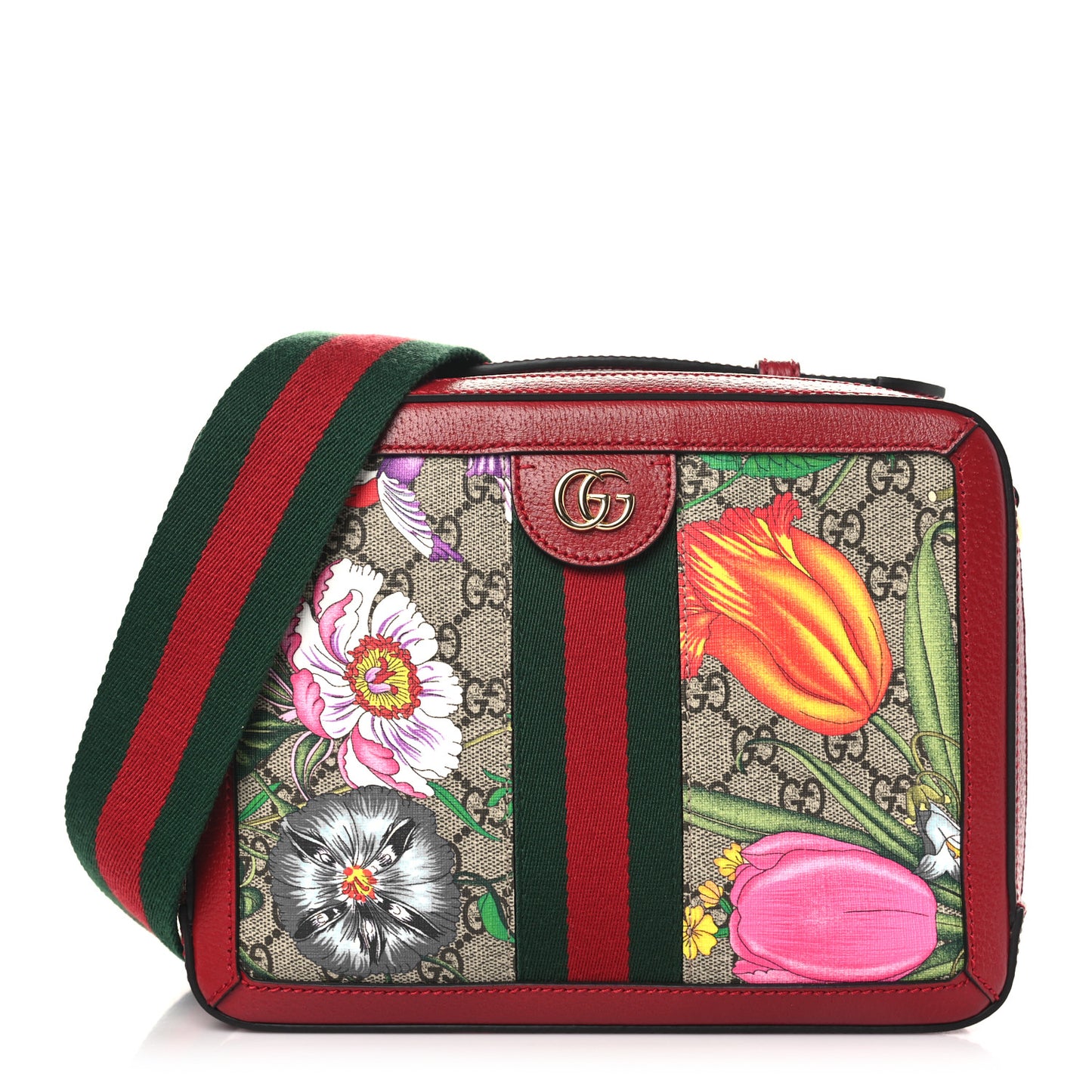 GG Supreme Monogram Flora Web Small Ophidia Top Handle Shoulder Bag Hibiscus Red