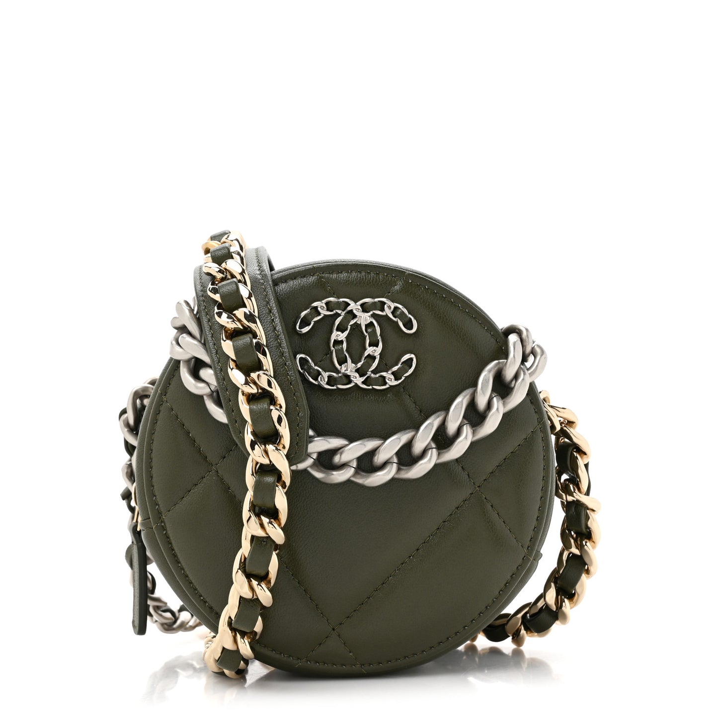 Lambskin Quilted Chanel 19 Round Clutch With Chain Khaki