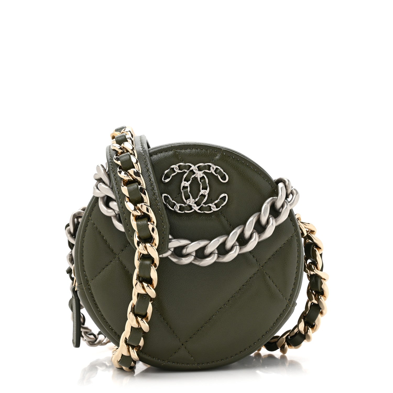 Chanel Lambskin Quilted Chanel 19 Round Clutch With Chain Khaki 1 of 11