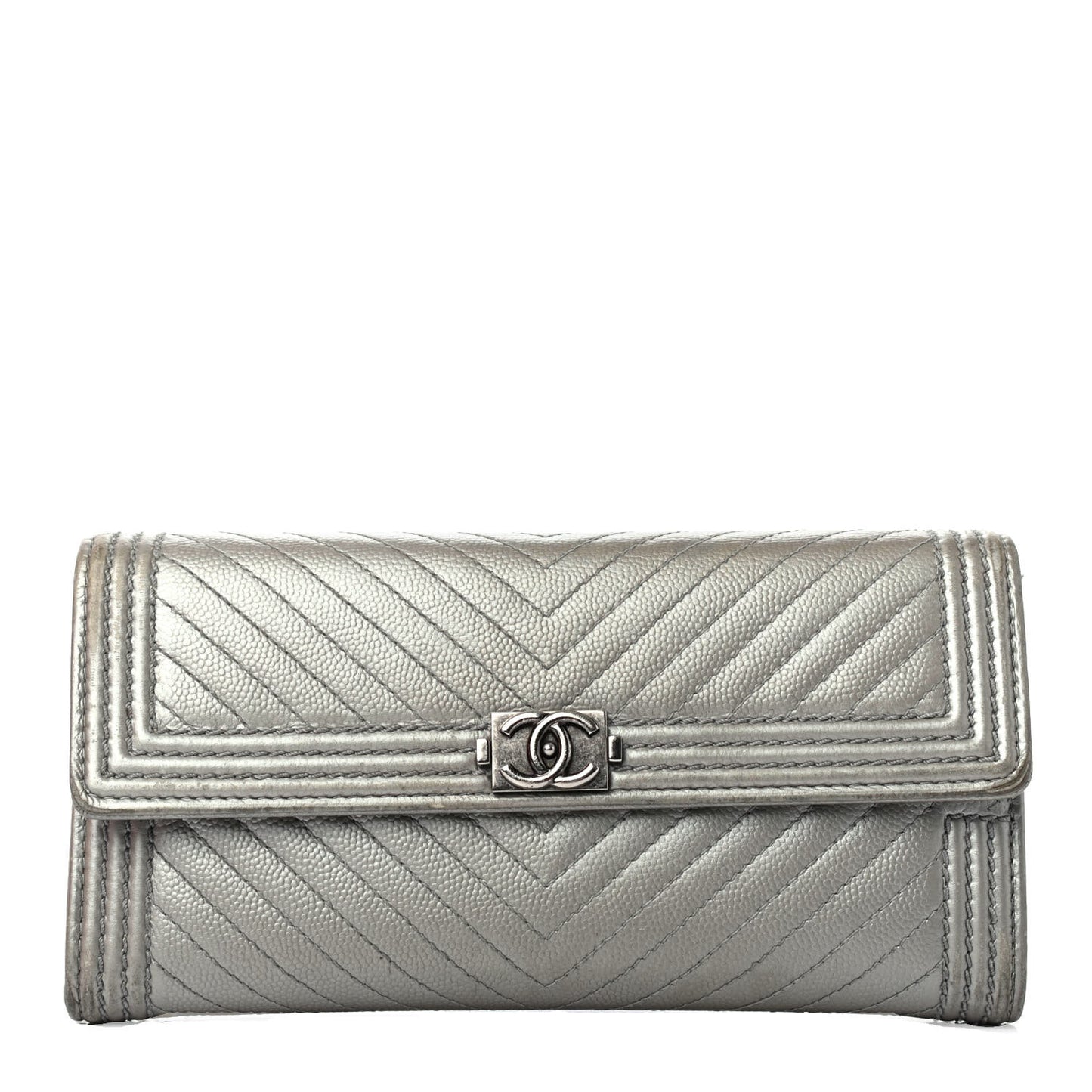 Metallic Caviar Chevron Quilted Large Boy Gusset Flap Wallet Silver