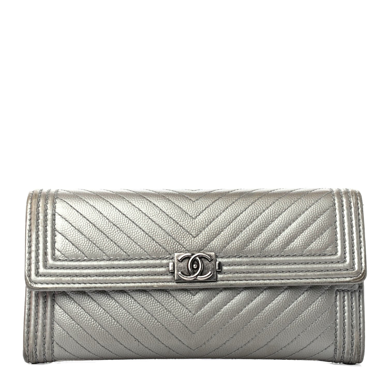Chanel Metallic Caviar Chevron Quilted Large Boy Gusset Flap Wallet Silver 1 of 4