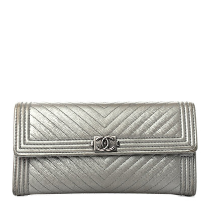 Chanel Metallic Caviar Chevron Quilted Large Boy Gusset Flap Wallet Silver 1 of 4