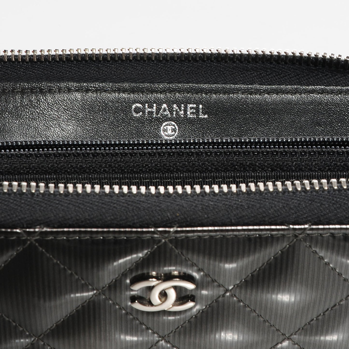 Striated Patent Zip Around Wallet Dark Grey