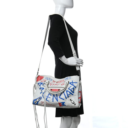 Balenciaga Agneau Graffiti All Over Classic Hardware City White Bleu Rouge 2 of 13