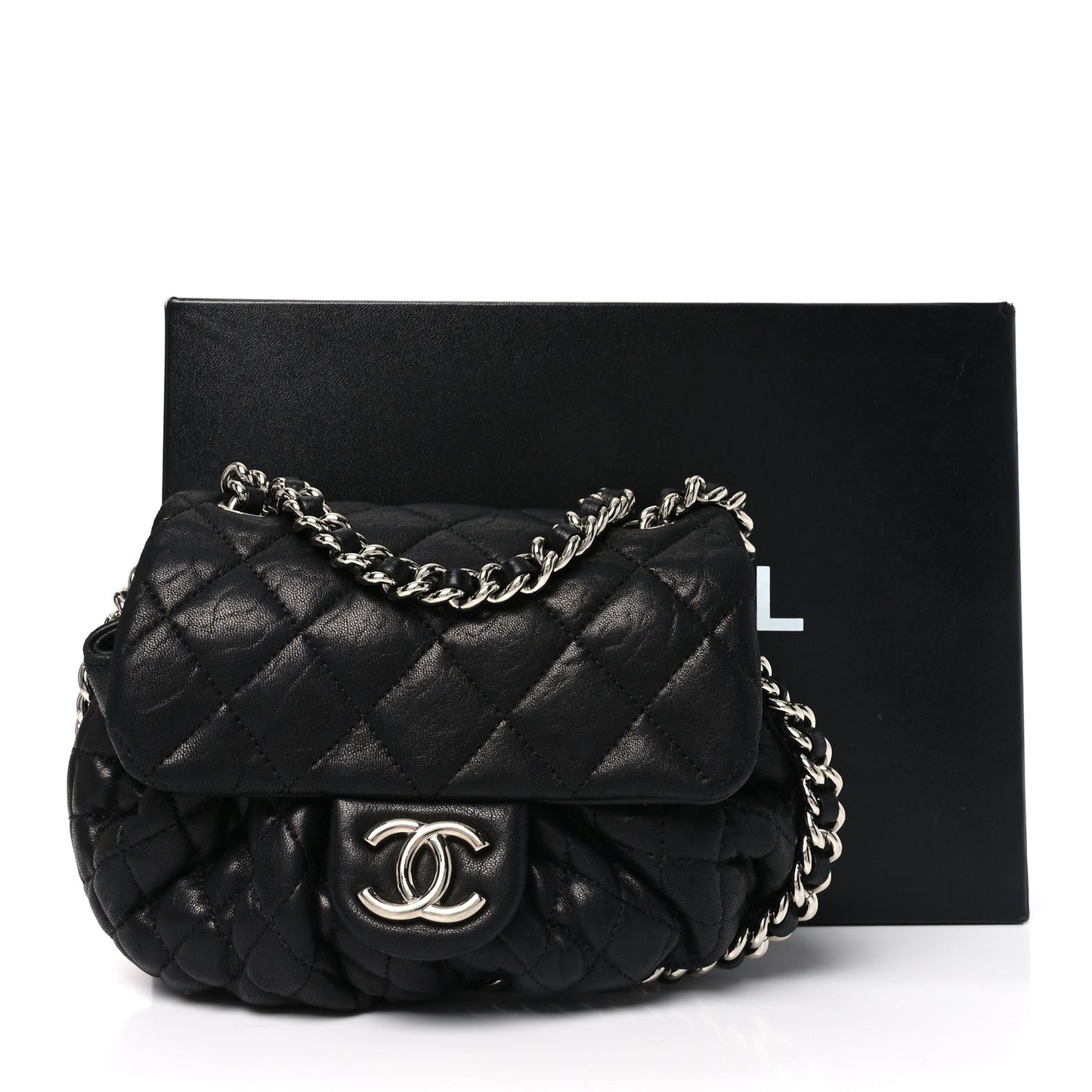 Washed Lambskin Quilted Mini Chain Around Flap Black