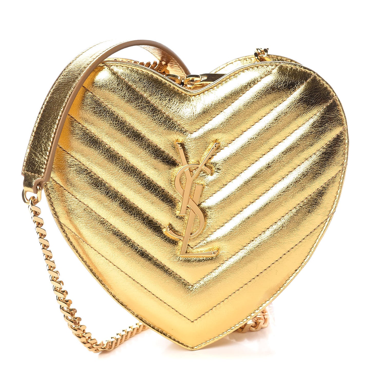 Metallic Calfskin Matelasse Chevron Monogram Small Love Heart Chain Bag Gold