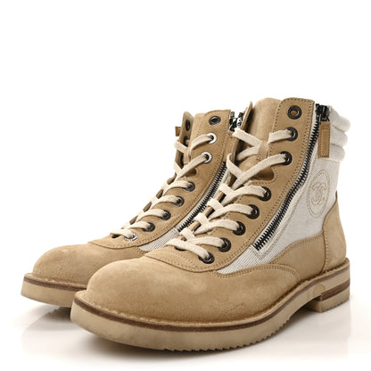 Chanel Toile Suede Calfskin CC Lace Up Short Boots 39 Light Beige 4 of 10