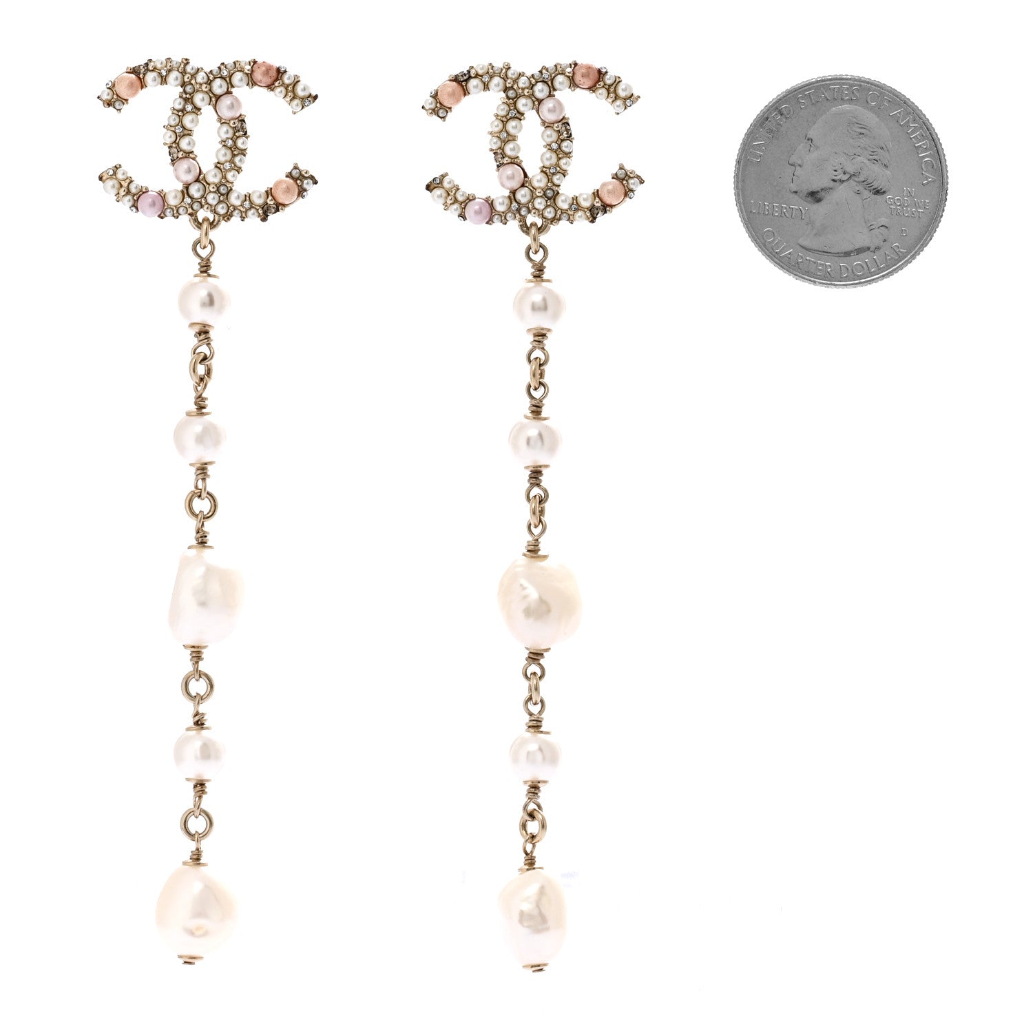 Chanel Pearl Crystal CC Charm Drop Earrings Gold Pink Pearly White 2 of 5
