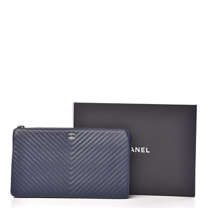 Chanel Caviar Chevron Quilted Large Zipped Clutch Navy 9 of 9