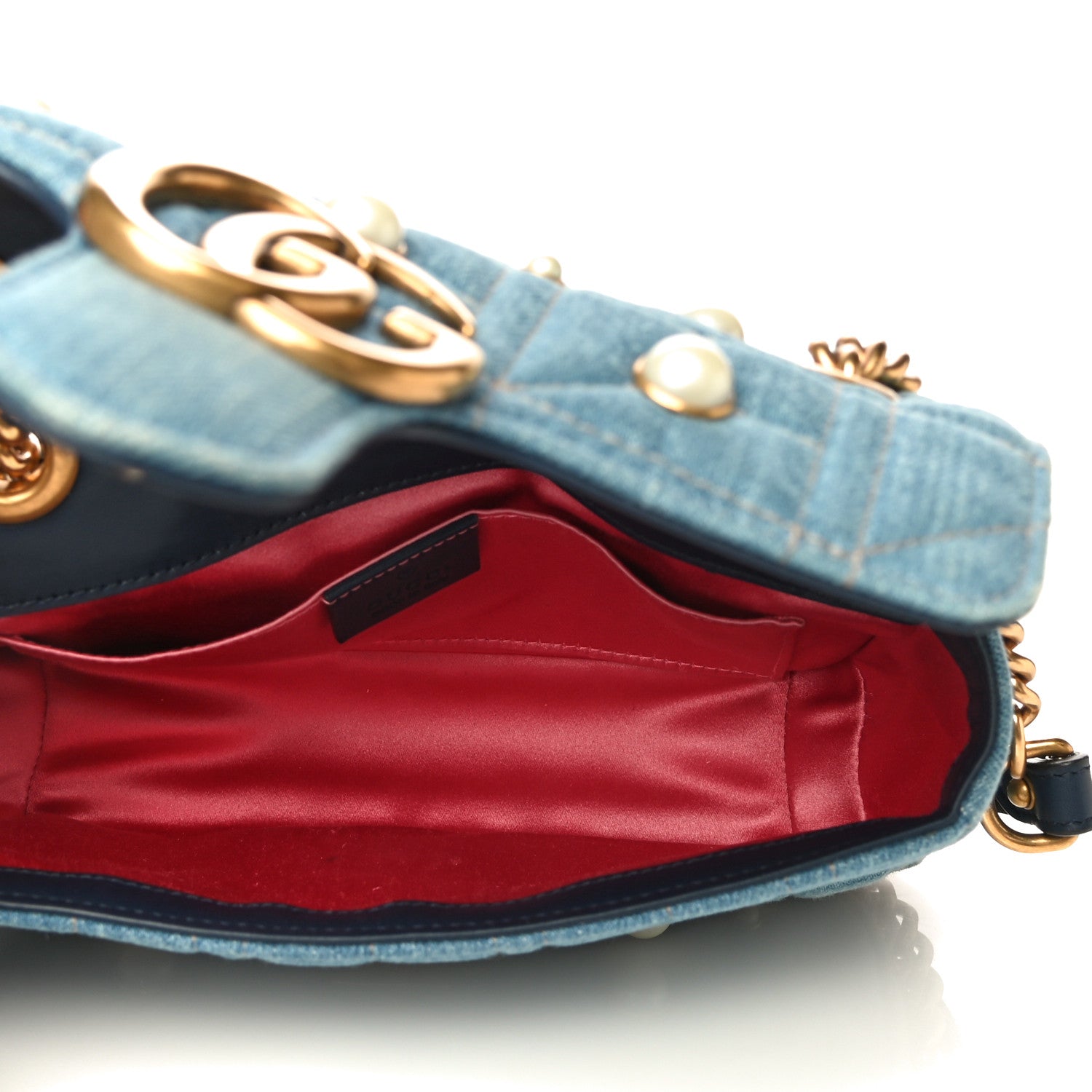 Gucci Denim Matelasse Pearl Studded Mini GG Marmont Shoulder Bag Blue 5 of 15