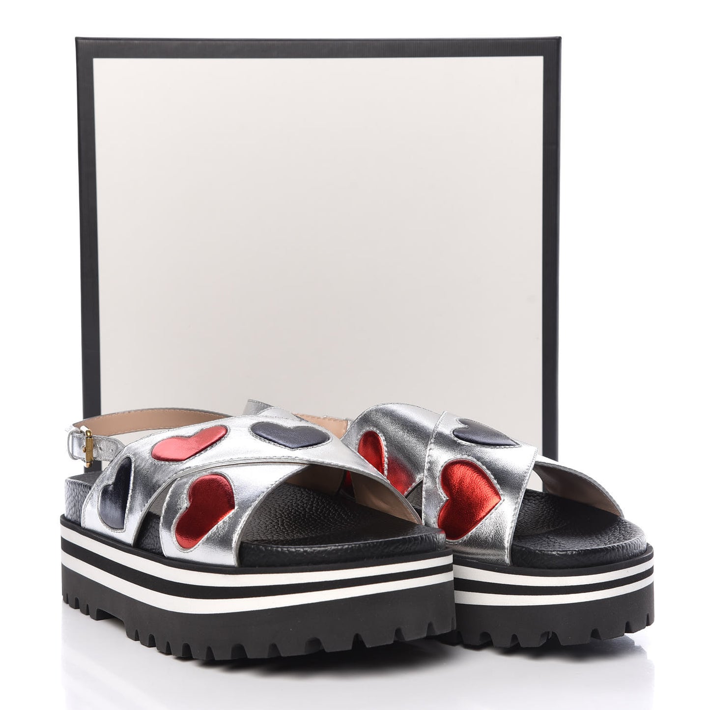 Metallic Nappa Silk Sunrise Heart Crossover Platform Lug Sole Sandals 38.5 Argento