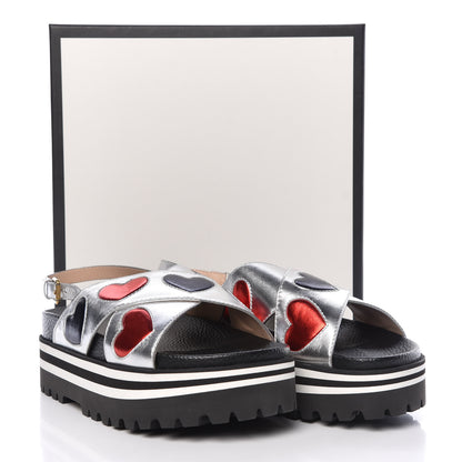 Gucci Metallic Nappa Silk Sunrise Heart Crossover Platform Lug Sole Sandals 38.5 Argento 8 of 8