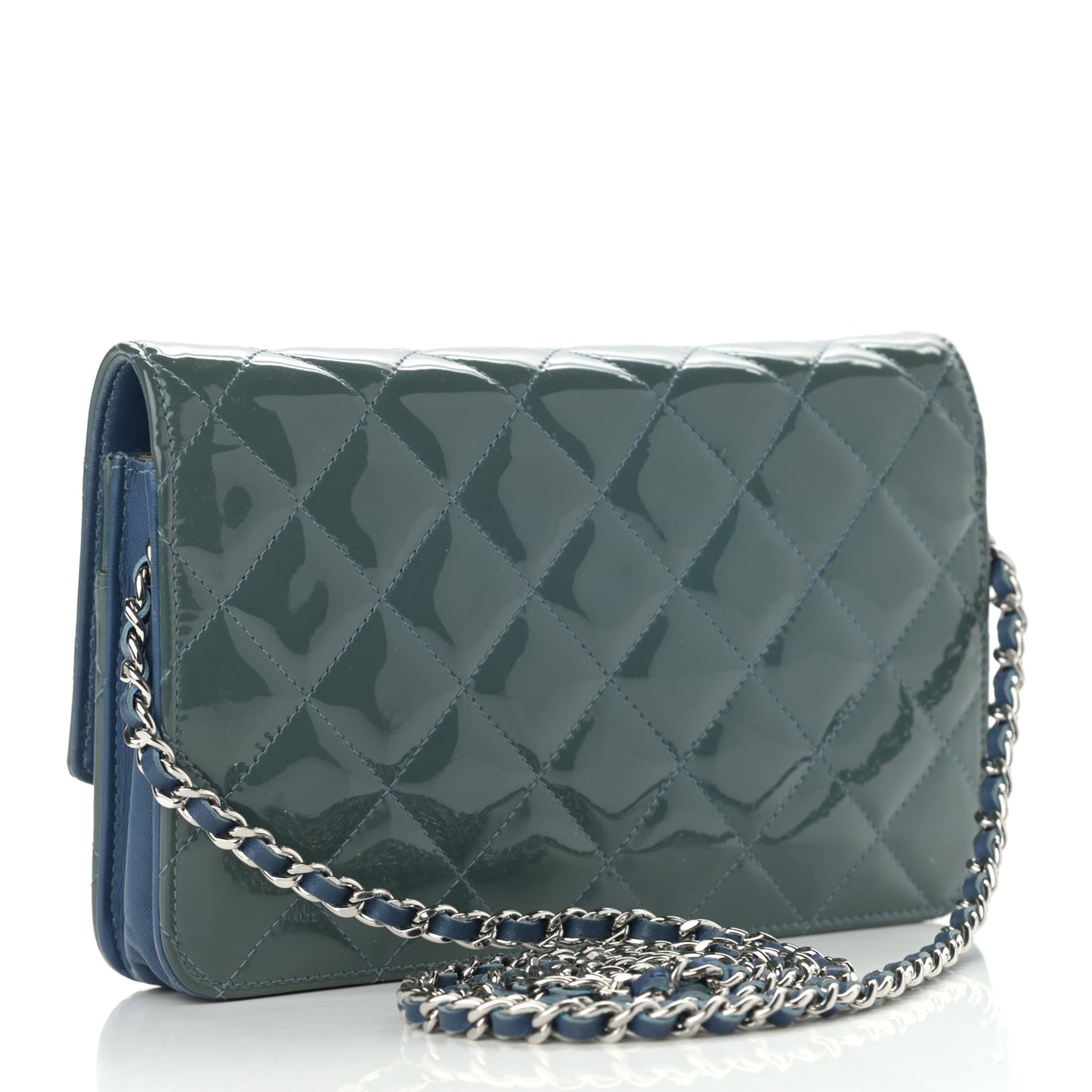 Patent Quilted Brilliant Wallet On Chain WOC Blue
