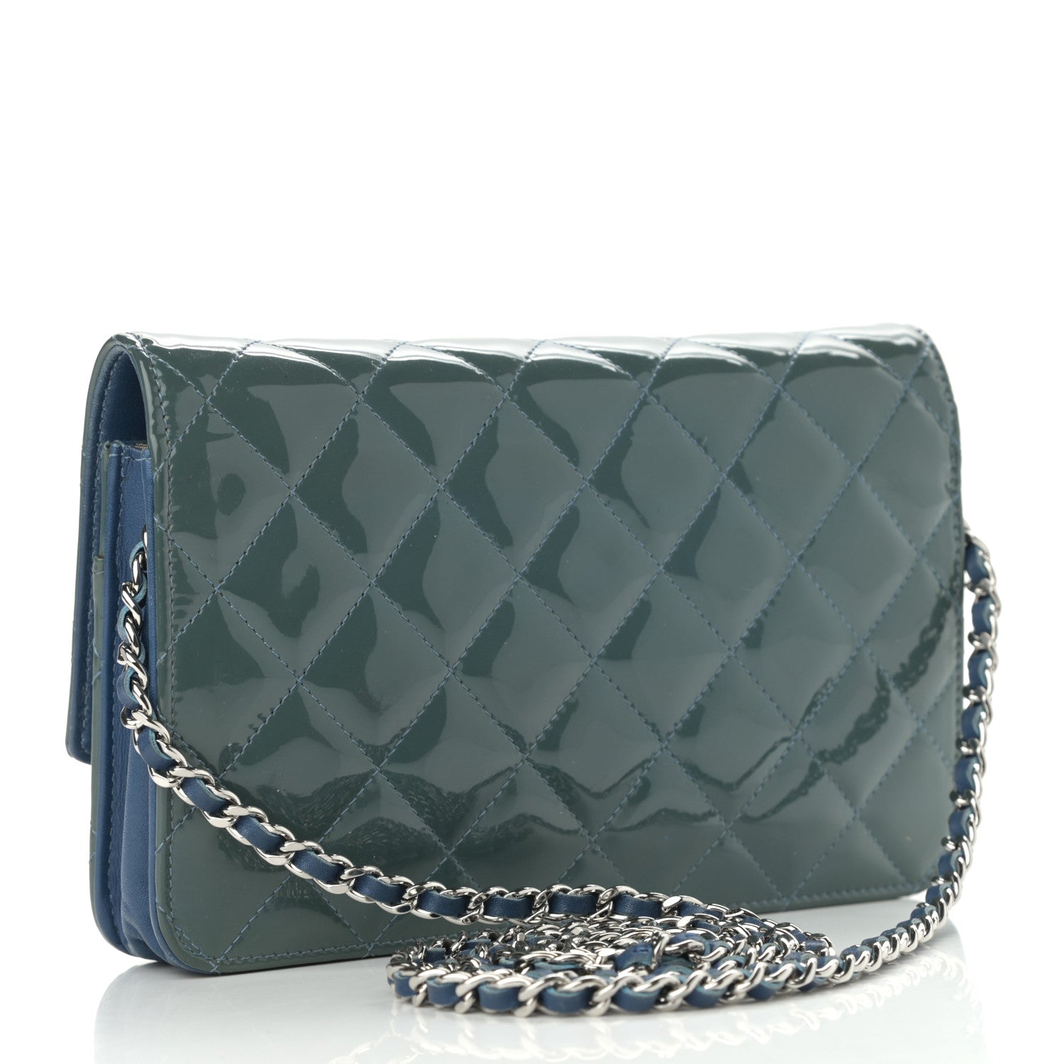Chanel Patent Quilted Brilliant Wallet On Chain WOC Blue 2 of 12