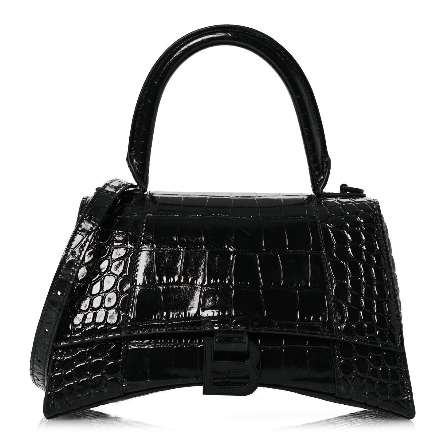 Shiny Calfskin Monochrome Crocodile Embossed Small Hourglass Top Handle Bag Black