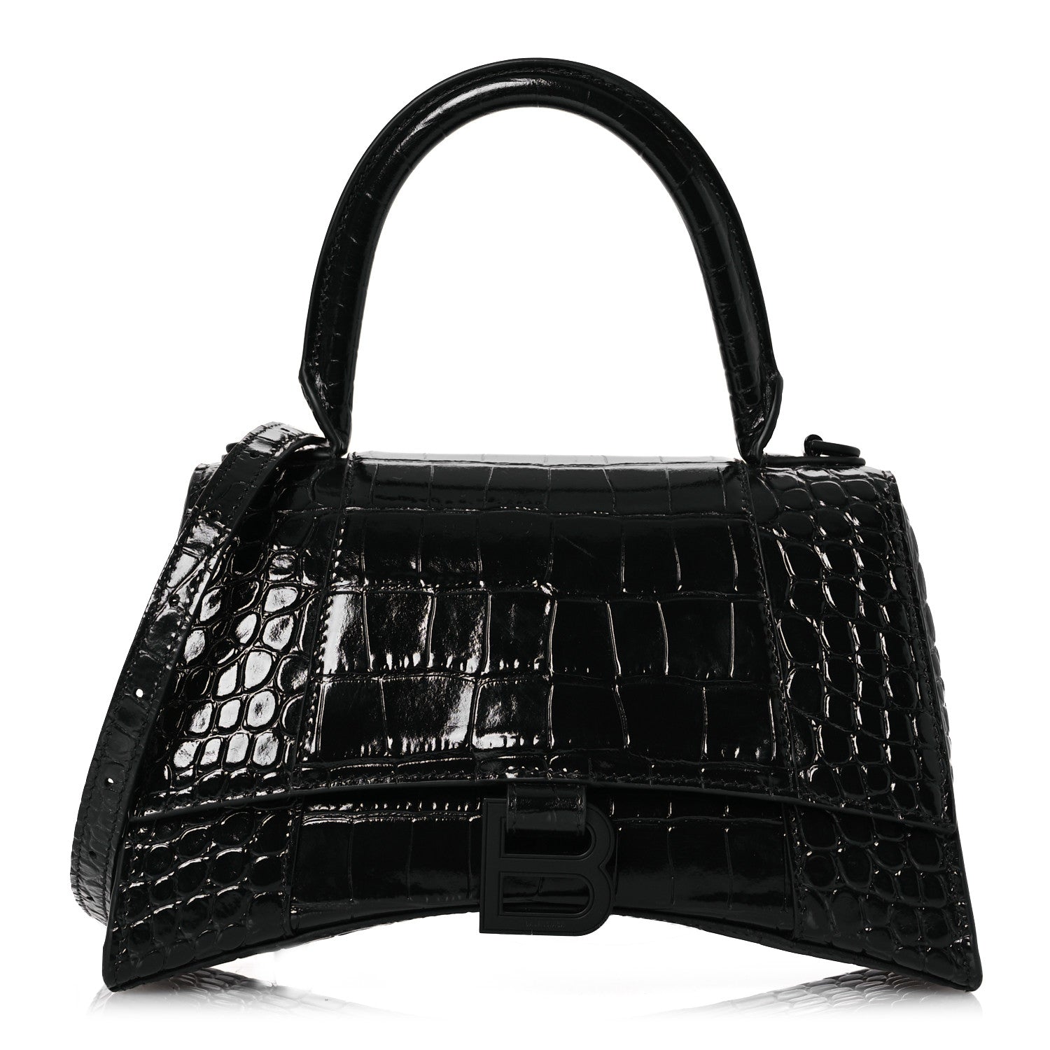 Balenciaga Shiny Calfskin Monochrome Crocodile Embossed Small Hourglass Top Handle Bag Black 1 of 12