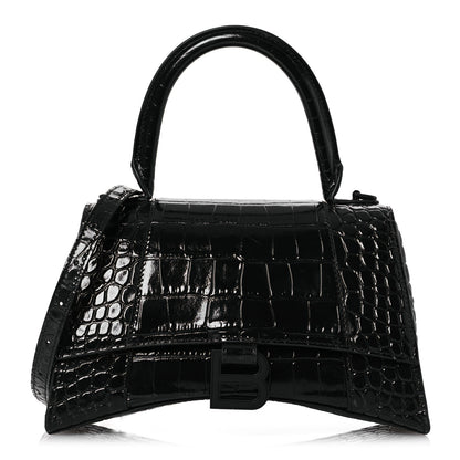 Balenciaga Shiny Calfskin Monochrome Crocodile Embossed Small Hourglass Top Handle Bag Black 1 of 12