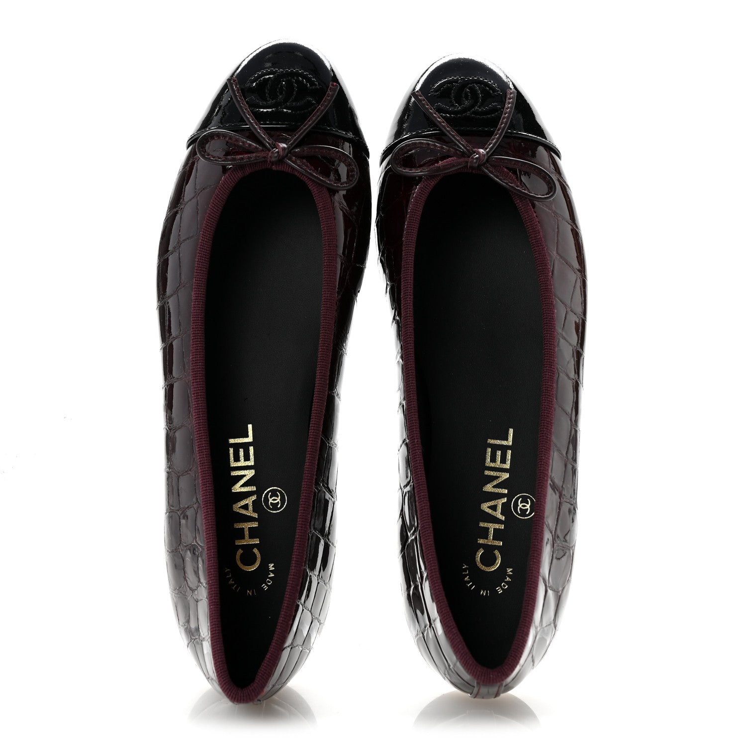 Chanel Crocodile Embossed Patent Calfskin Cap Toe CC Ballerina Flats 37.5 Dark Burgundy Black 2 of 10