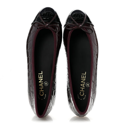 Chanel Crocodile Embossed Patent Calfskin Cap Toe CC Ballerina Flats 37.5 Dark Burgundy Black 2 of 10