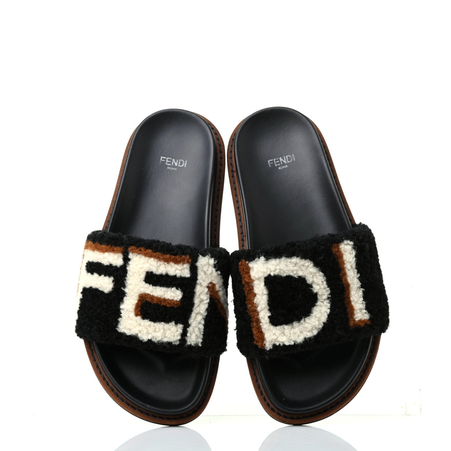 Fendi Shearling Logo Slide Sandals 36.5 Black Latte Brownie 9 of 11