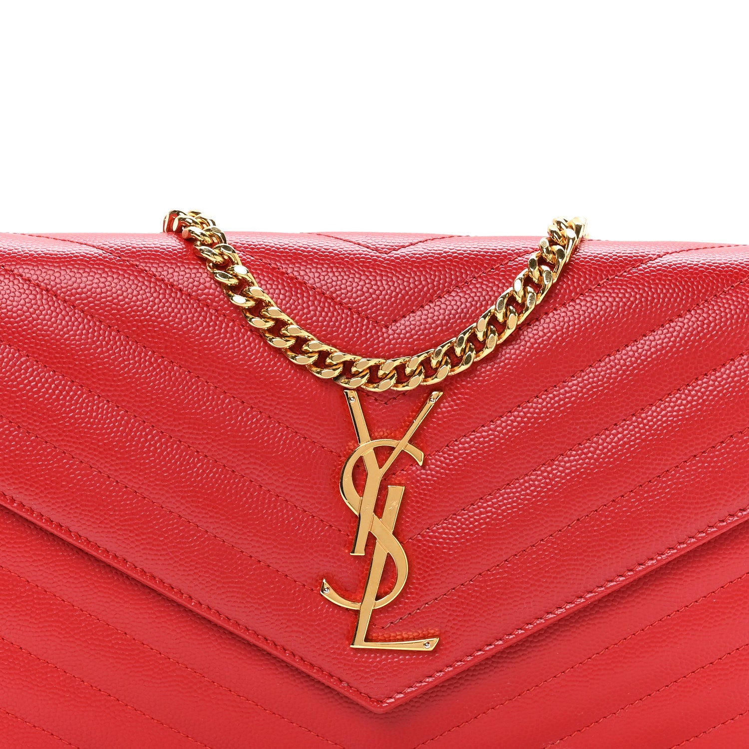 Saint Laurent Grain De Poudre Matelasse Chevron Monogram Chain Wallet Red 9 of 12