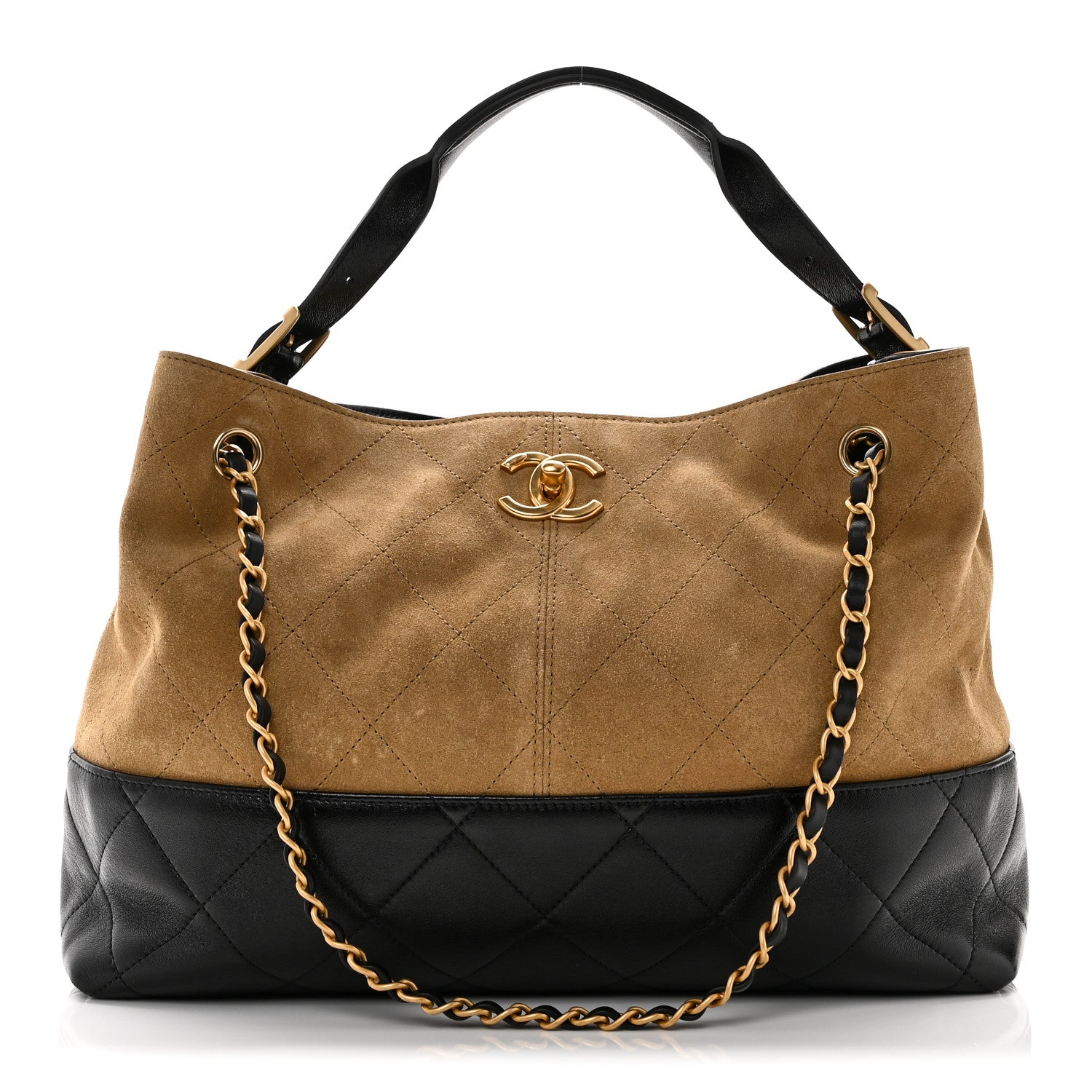 Chanel Suede Calfskin Shiny Lambskin Quilted Small Coco Base Shopping Bag Beige Black 1 of 10