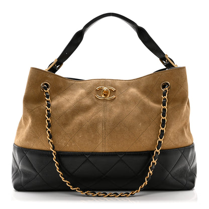 Chanel Suede Calfskin Shiny Lambskin Quilted Small Coco Base Shopping Bag Beige Black 1 of 10