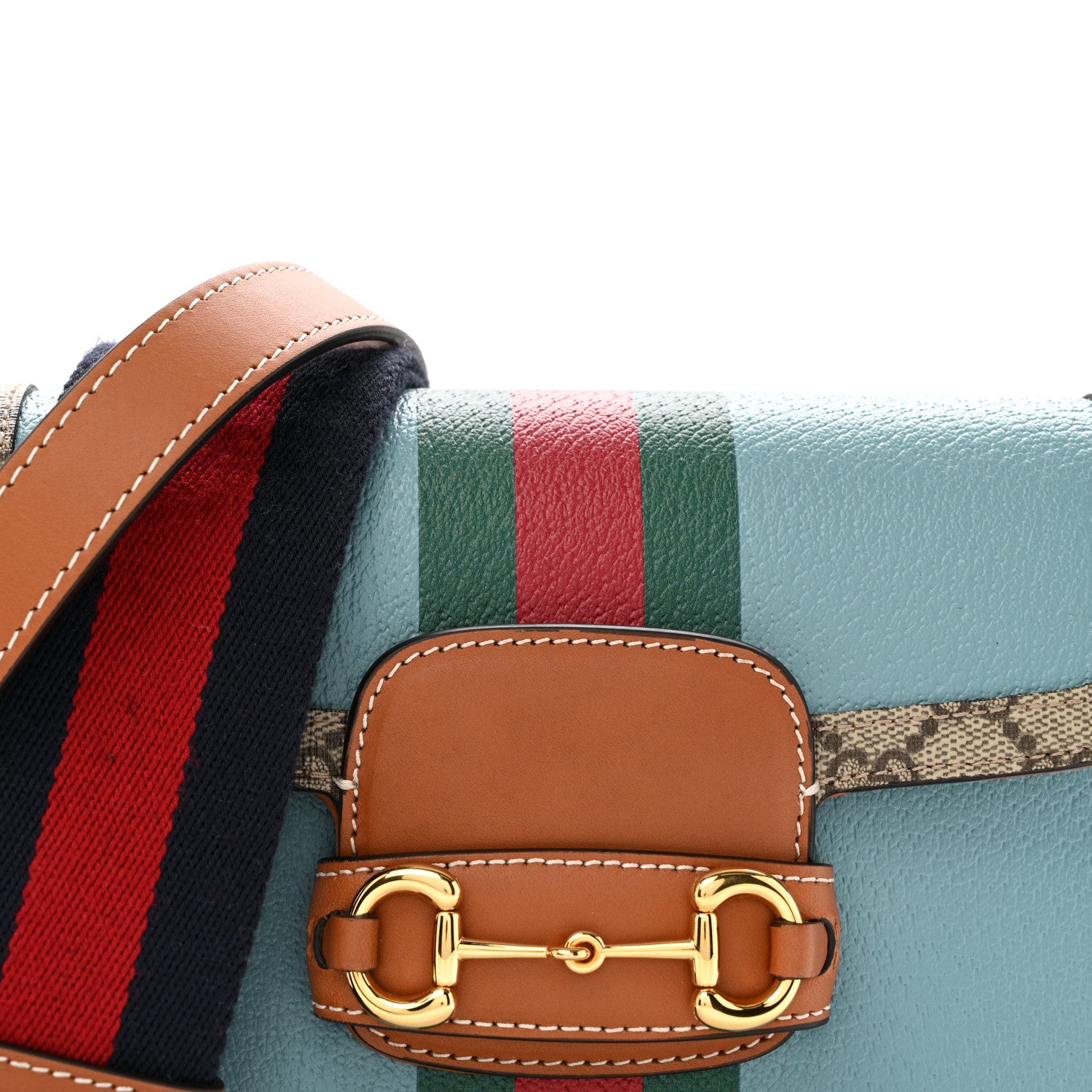 Gucci X DANS LE VERT Textured Dollar Calfskin GG Supreme Monogram Web Mini Horsebit 1955 Shoulder Bag Dusty Azure Beige Ebony 8 of 13