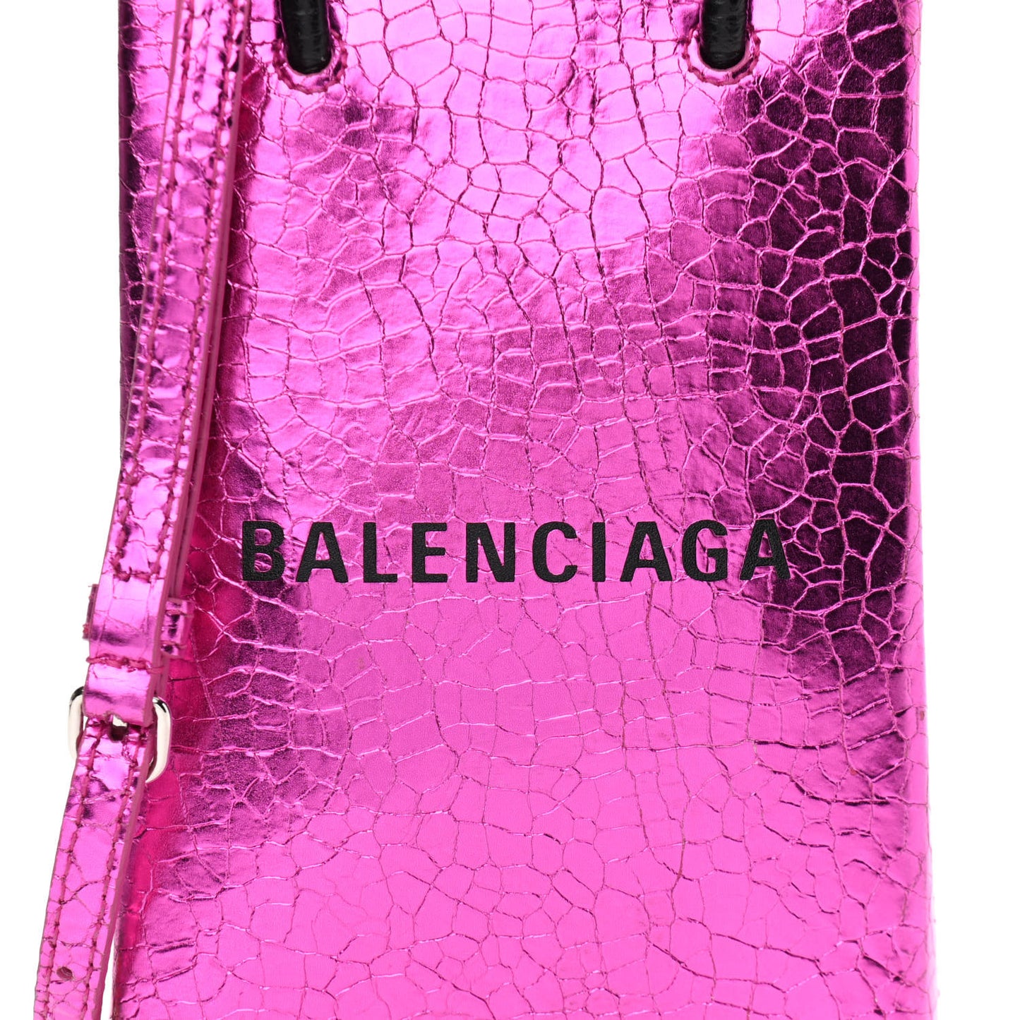 Metallic Calfskin Logo Shopping Phone Holder Bag Acid Fuchsia