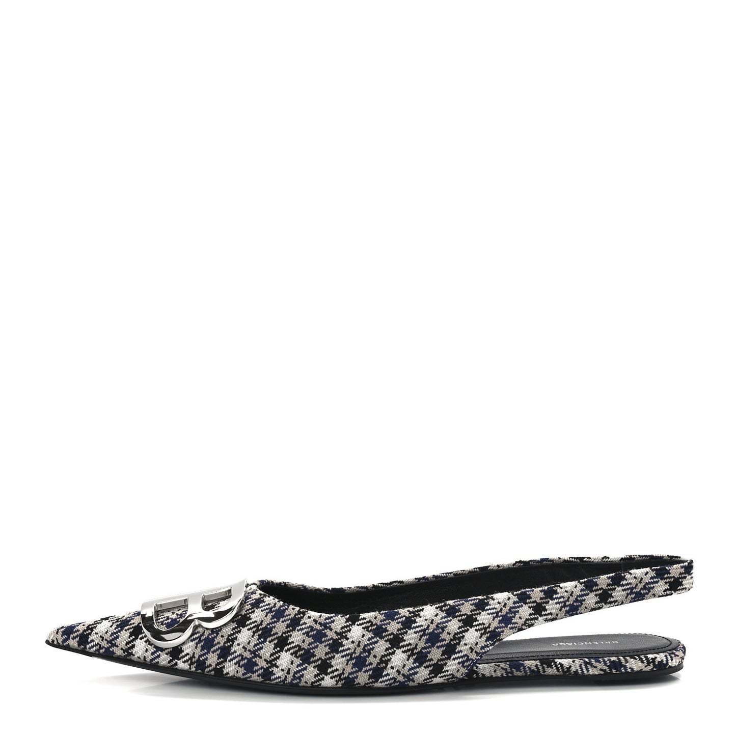 Tweed Prince Of Wales BB Knife Pointy Toe Slingback Flats 37 Beige Navy Silver