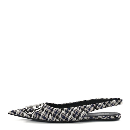 Balenciaga Tweed Prince Of Wales BB Knife Pointy Toe Slingback Flats 37 Beige Navy Silver 1 of 8