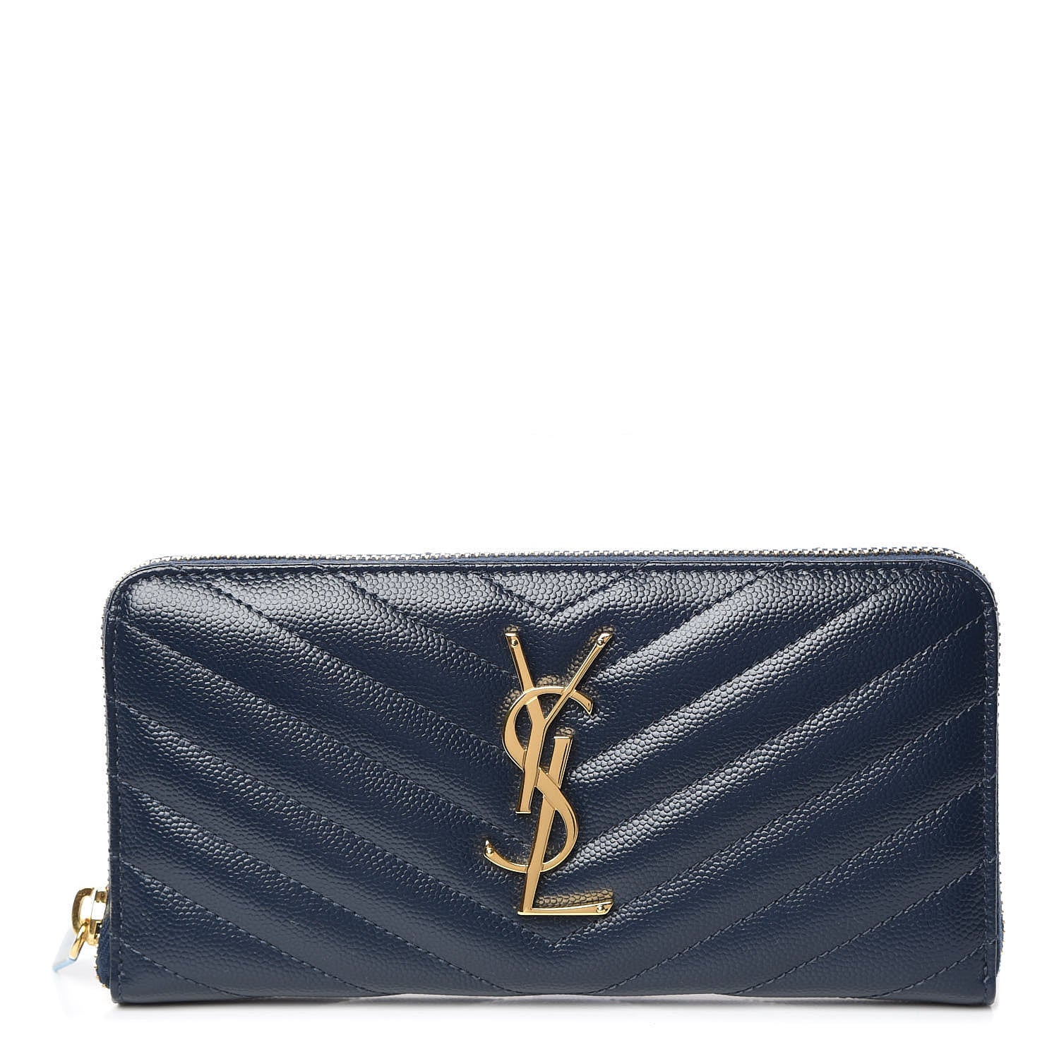 Saint Laurent Grain De Poudre Matelasse Chevron Monogram Zip Around Wallet Navy 1 of 7