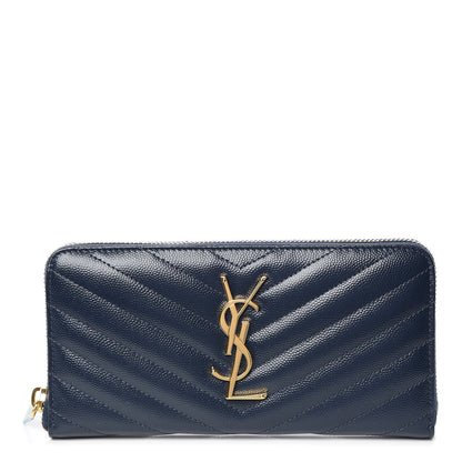 Saint Laurent Grain De Poudre Matelasse Chevron Monogram Zip Around Wallet Navy 1 of 7