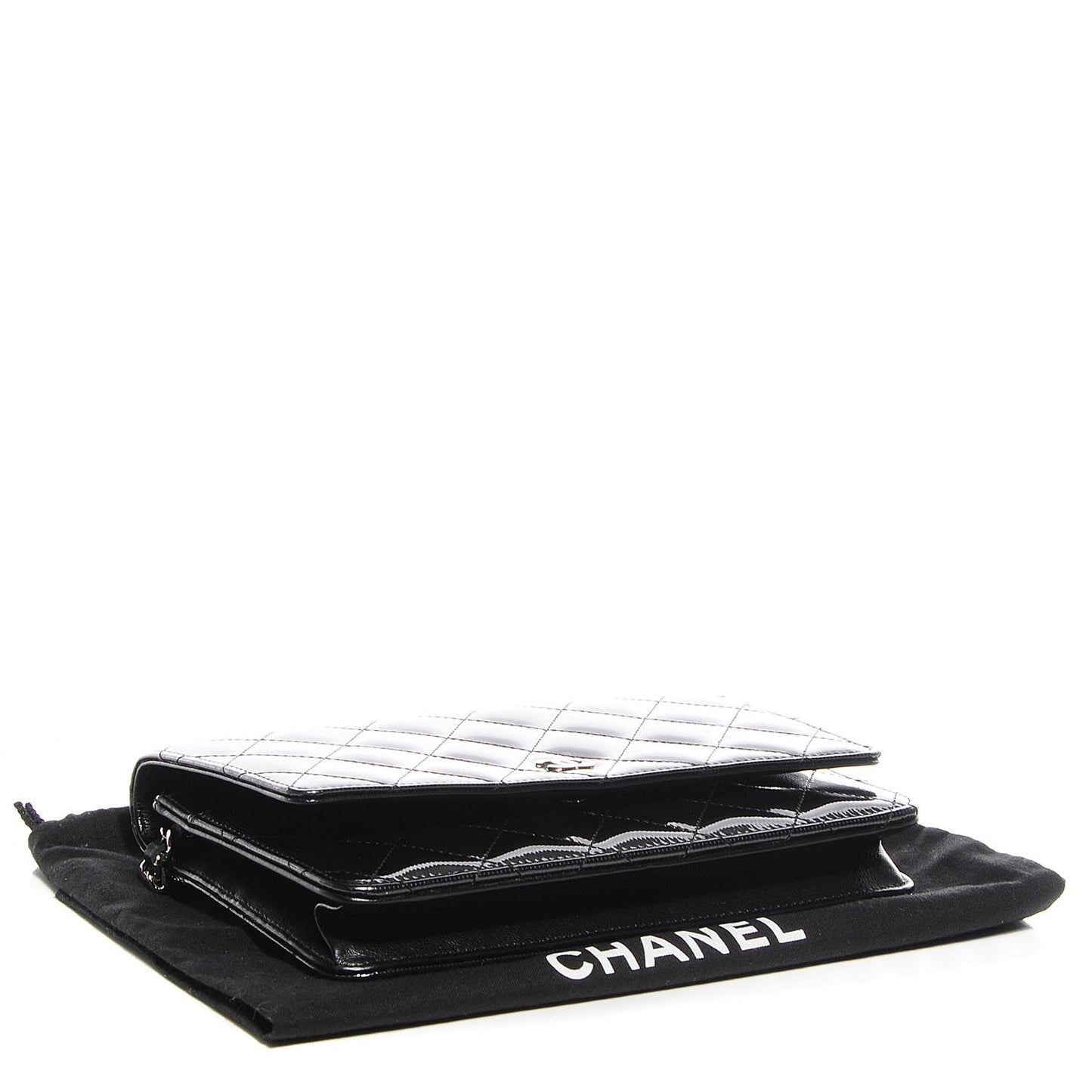 Striated Patent Quilted Wallet on Chain WOC Black