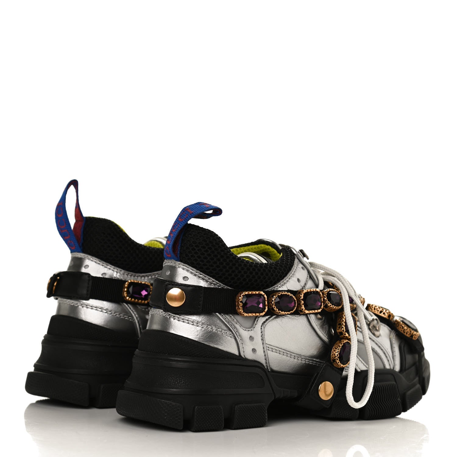 Gucci X SEGA Metallic Calfskin Mesh Removable Crystals Womens Flashtrek Sneakers 36 Silver Black 4 of 10